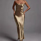 Metallic Gold Maxi Dress, Elegant Satin Backless Women's Gown