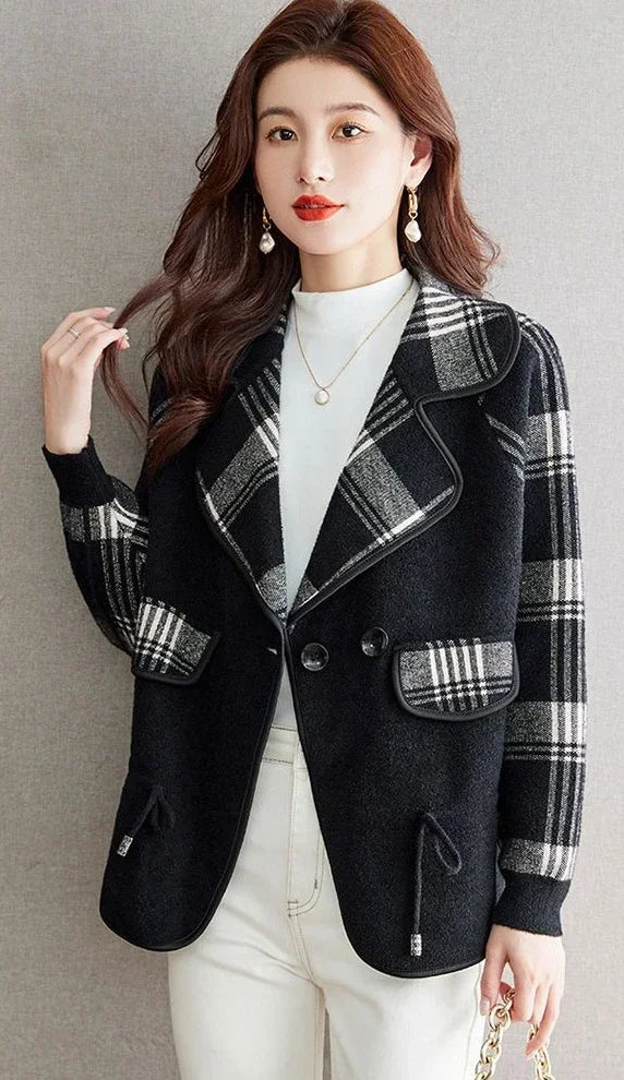 Colourblock Plaid Crop Women's Wool Blend Blazer