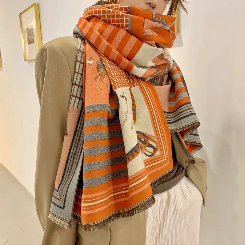 Extra-Large Cashmere Scarf, Equestrian-Print Blanket Wrap, Pashmina
