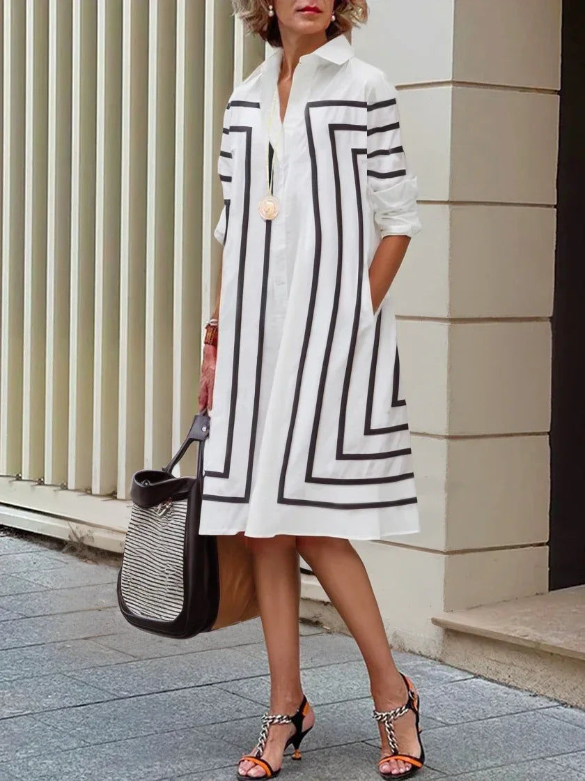 Vireous Black and White Contrast Colour Elegant Casual Dress