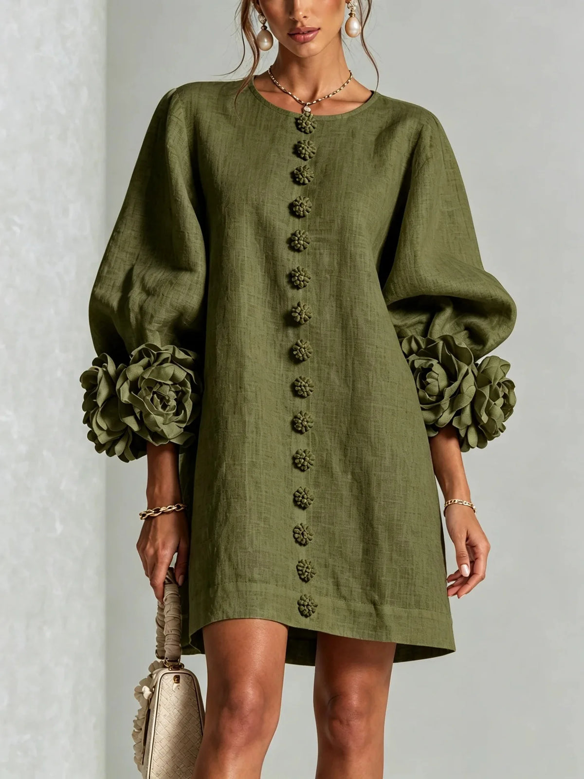 Vireous Women's Linen Mini Dress with Flower Buttons