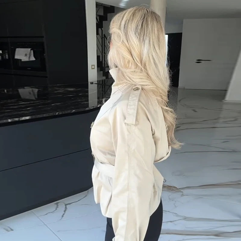 Vireous Women's Short Jacket Belted Trench Coat