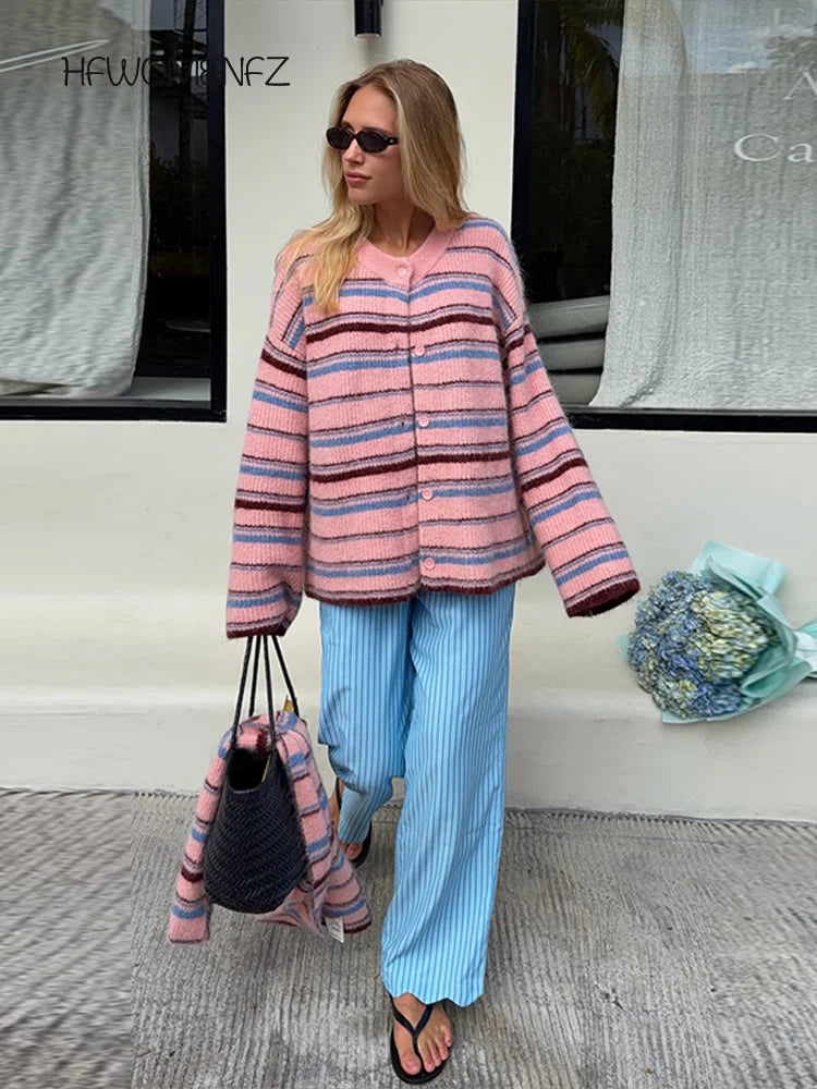 Women's Striped Knitted Coat, Soft Outerwear in Pink or Green