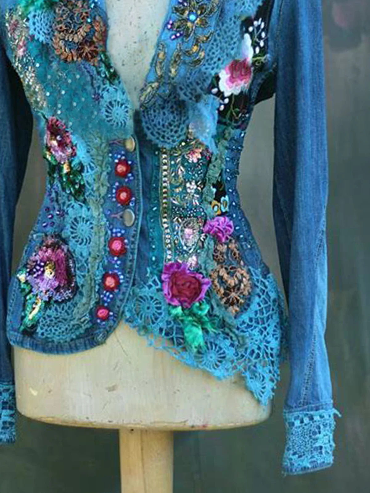 Women's Glam Patchwork Blue Guipure Lace Decor Blazer