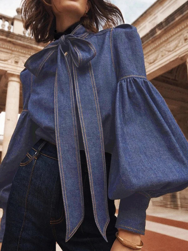 Vireous Women's Princess Sleeves High-Neck Bow Tie Denim-Look Blouse