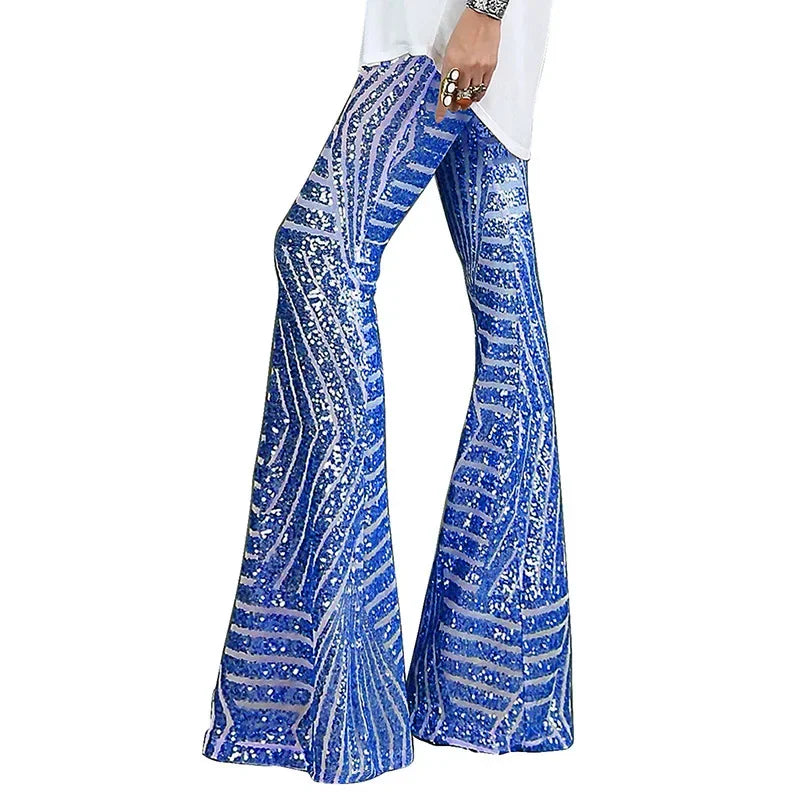 Vireous Women's Sparkling Sequin Slacks, Loose Mid-Waist Trousers