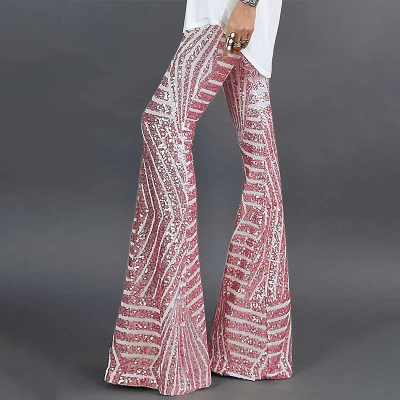 Vireous Women's Sparkling Sequin Slacks, Loose Mid-Waist Trousers