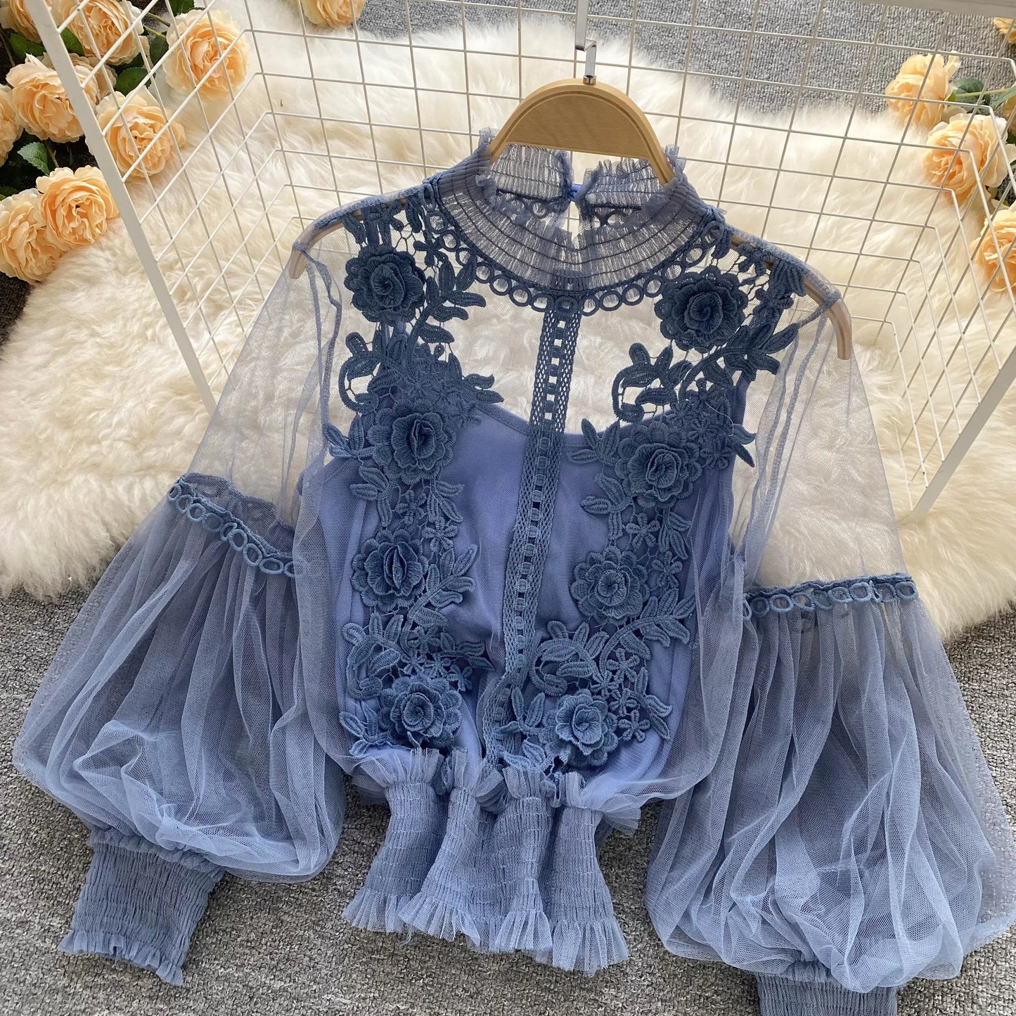 Lace See-Through Puff-Sleeve Vintage Fashion Blouse