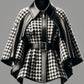 Faux Leather Collar Houndstooth Pattern Women's Jacket, Cape Sleeves