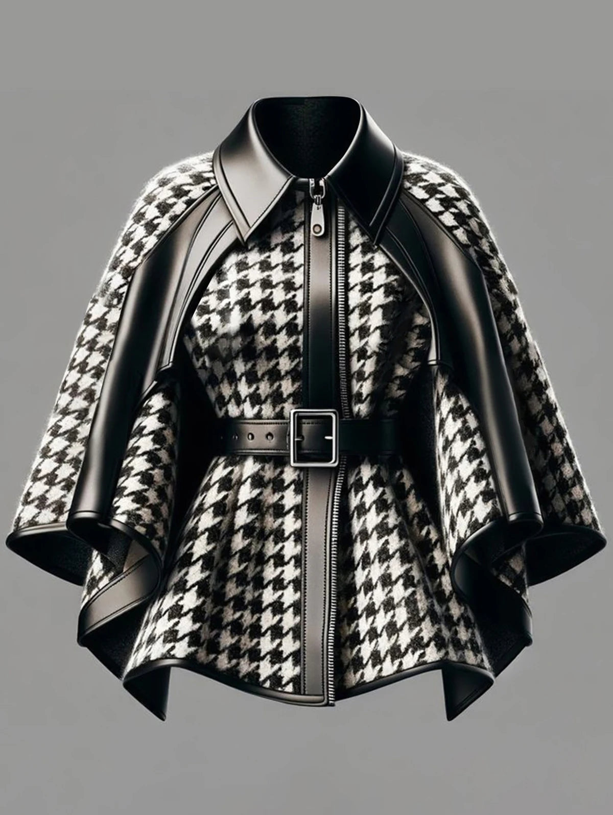 Faux Leather Collar Houndstooth Pattern Women's Jacket, Cape Sleeves