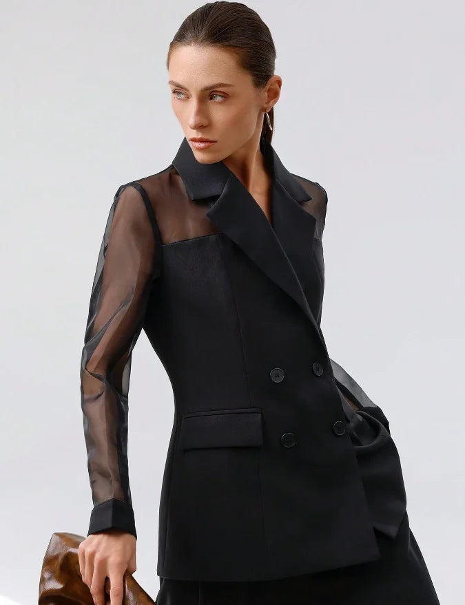 Vireous Women's Black Blazer Translucent Sleeves, Catwalk Collection