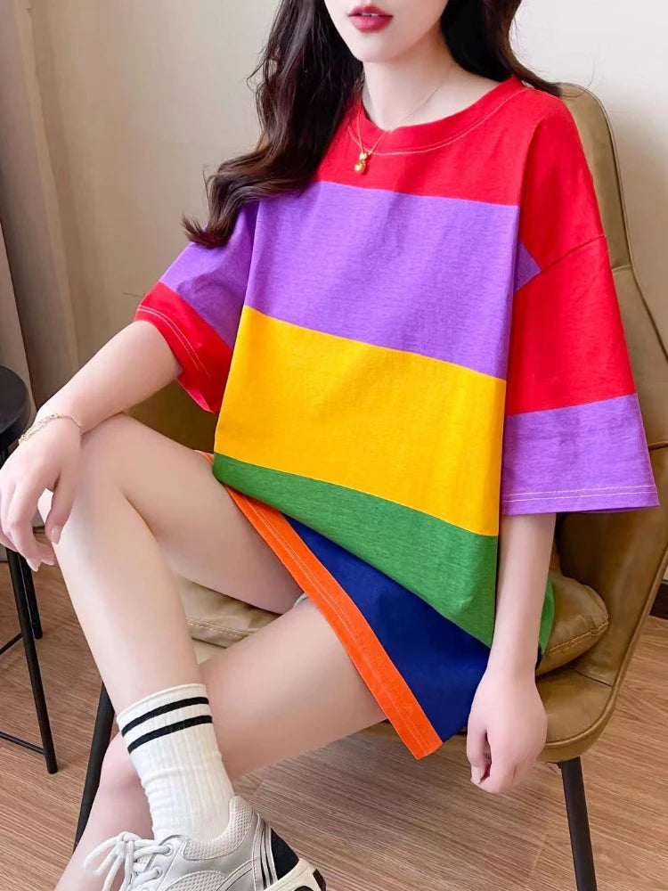 Vireous Women's Rainbow Stripe Round Neck Mini Dress, Long Top