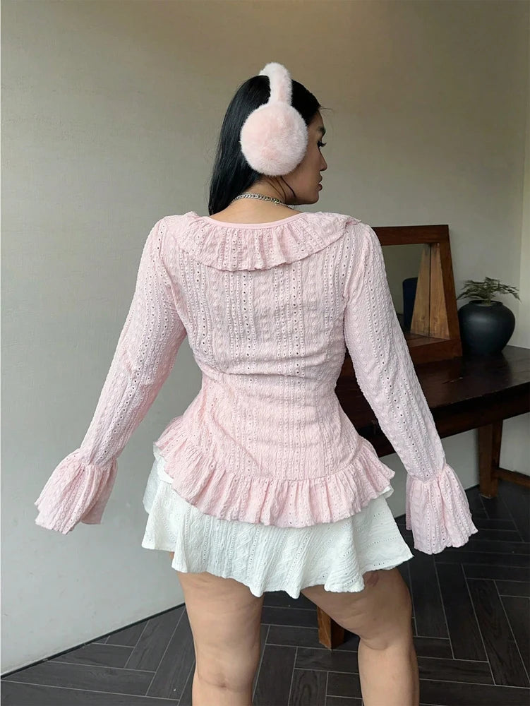 Vireous Elegant French Ruffle Flared-Sleeve Blouse, Plus Sizes