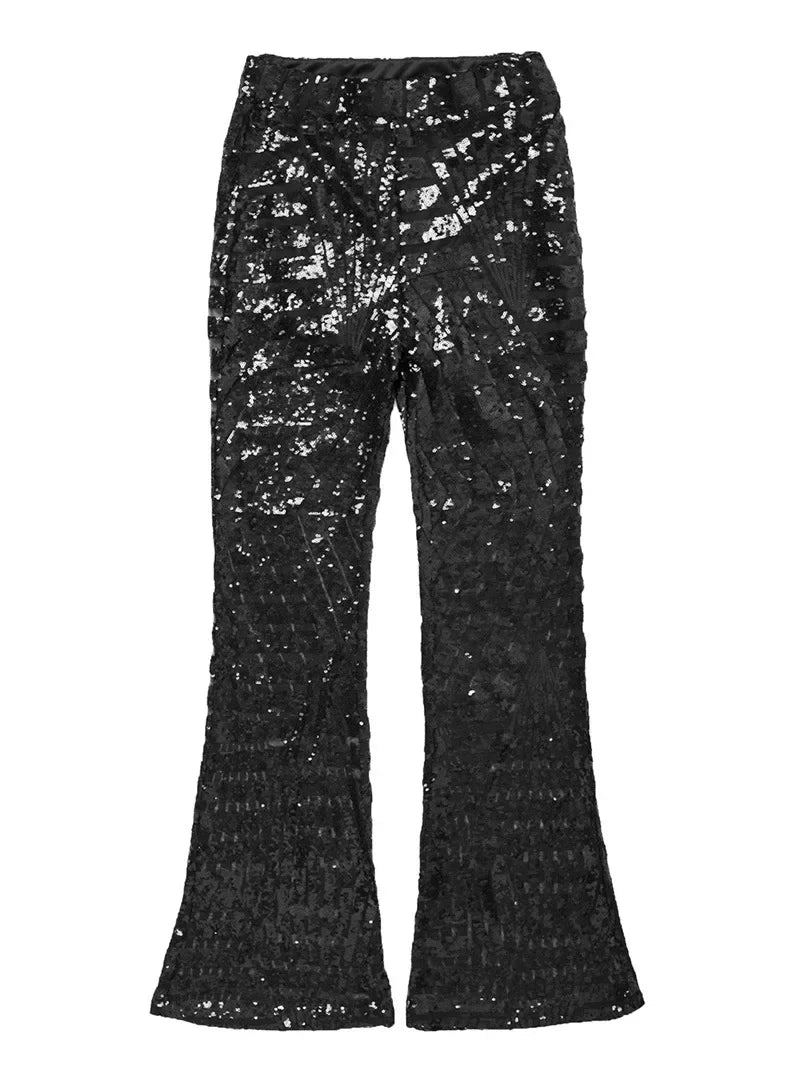 Vireous Women's Sparkling Sequin Slacks, Loose Mid-Waist Trousers