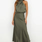 Vireous Summer Silk Satin Sleeveless Long Dress, Draped Bodice