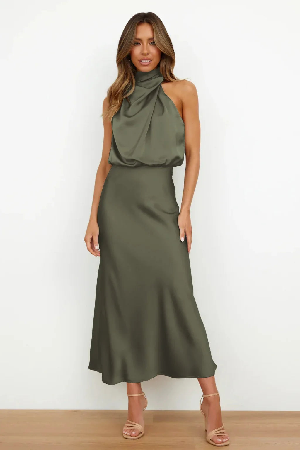 Vireous Summer Silk Satin Sleeveless Long Dress, Draped Bodice