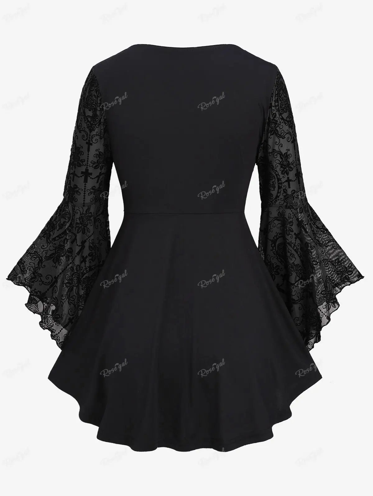 Gothic Bell Sleeves Organza Mesh Lace-Up Blouse, Plus Sizes