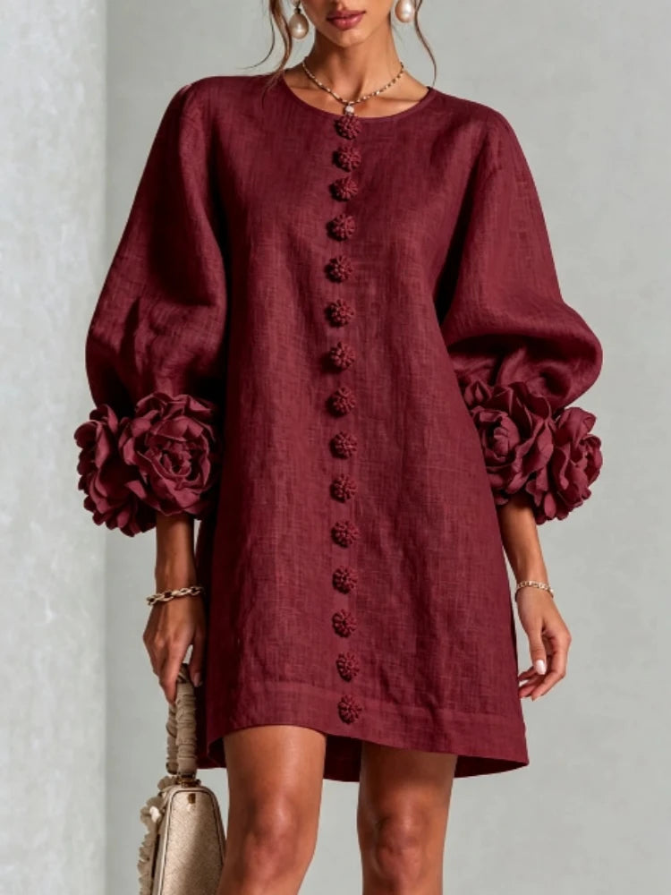 Vireous Women's Linen Mini Dress with Flower Buttons