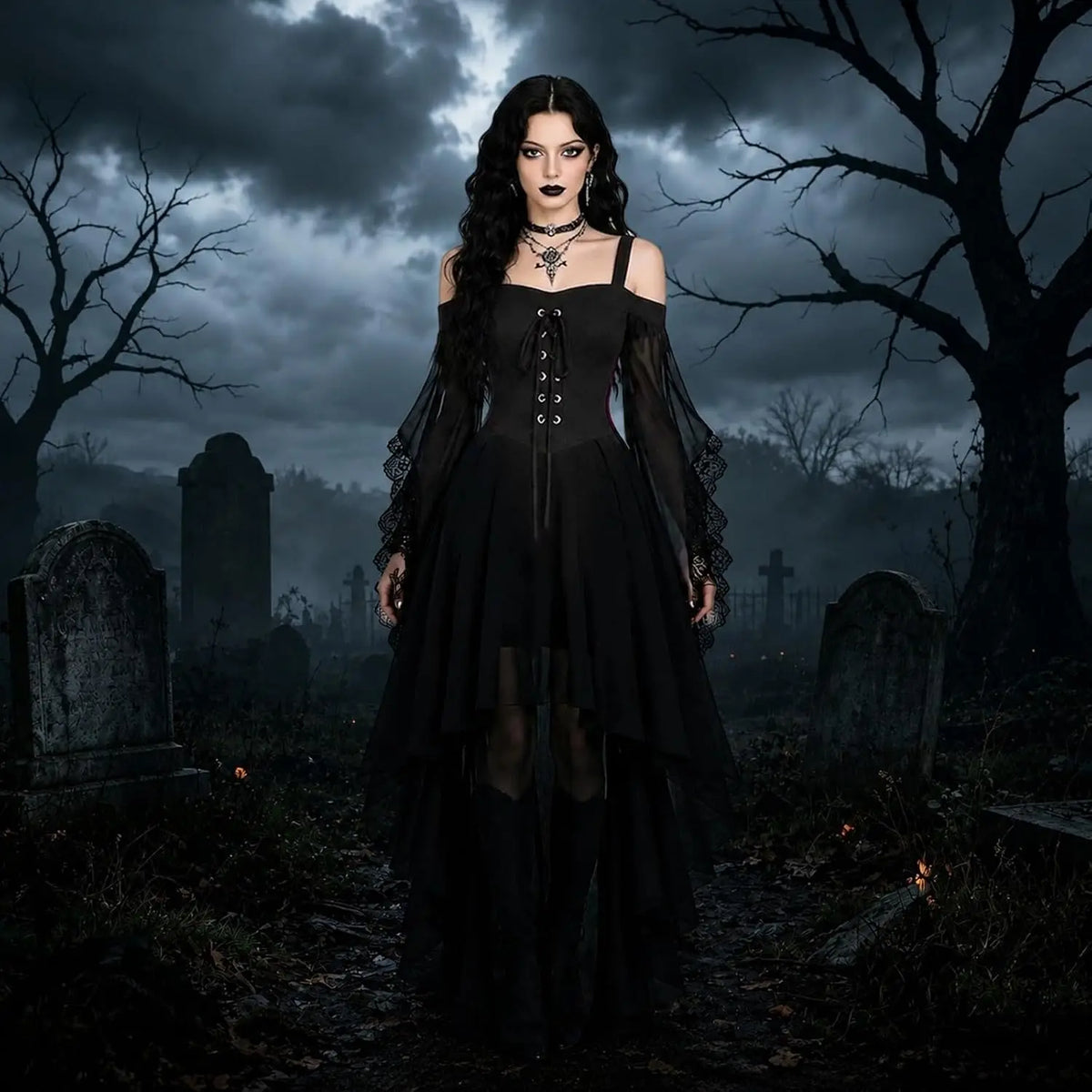 Dark Cross Witch Dress, Halloween Goth Mesh Sleeves Costume Dress, Plus Sizes