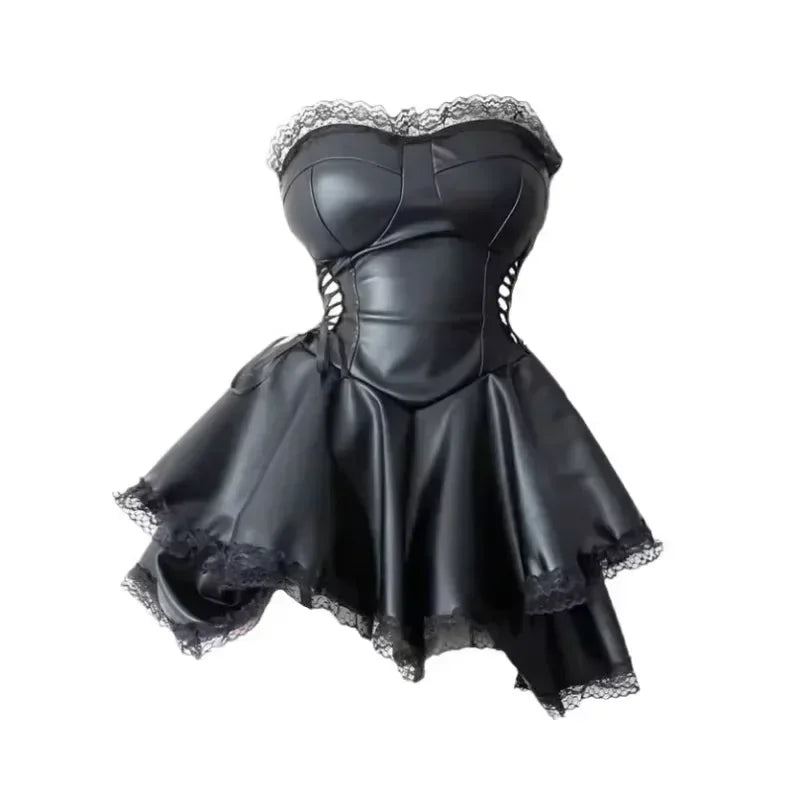 French-Style 'Goddess' Party Dress, Faux Leather in Red and Black