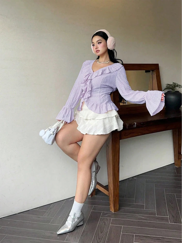 Vireous Elegant French Ruffle Flared-Sleeve Blouse, Plus Sizes