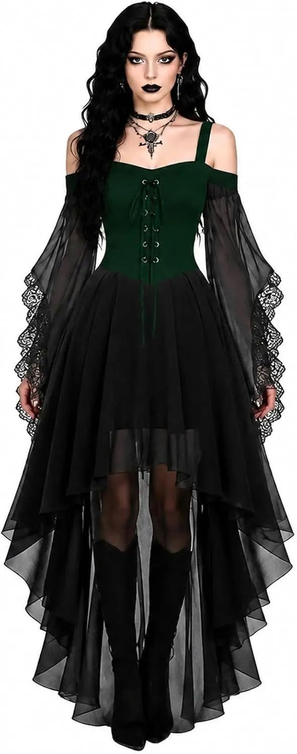 Dark Cross Witch Dress, Halloween Goth Mesh Sleeves Costume Dress, Plus Sizes