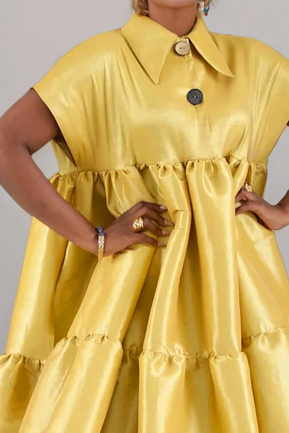 Plus-Size Women's Gold Satin Turn-Down Collar Casual Elegant Dress