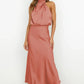 Vireous Summer Silk Satin Sleeveless Long Dress, Draped Bodice