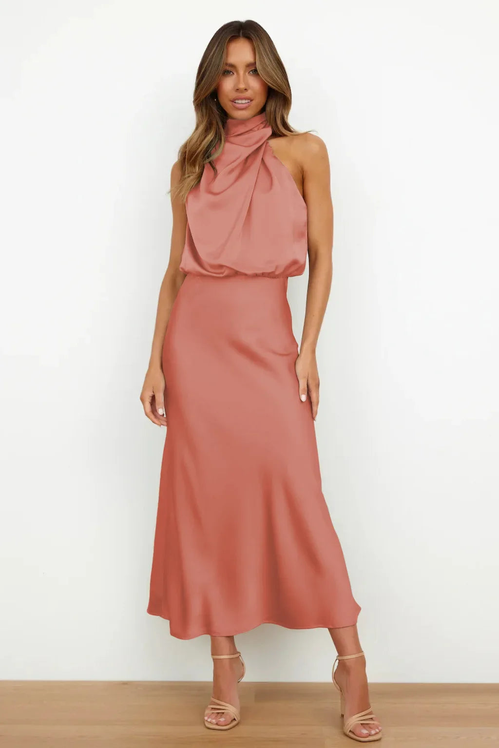 Vireous Summer Silk Satin Sleeveless Long Dress, Draped Bodice