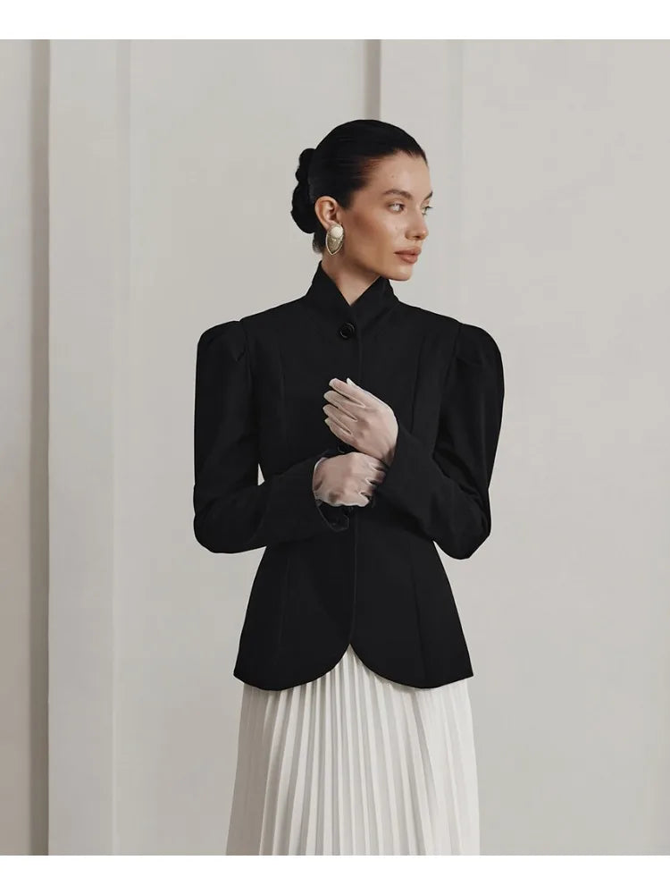 Women's Retro Elegant Black Blazer, Gorgeous Structured Tailoring with Mandarin Collar
