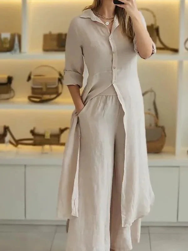 Elegant Lapel Single-Breasted Long Shirt and Wide-Leg Pants Suit