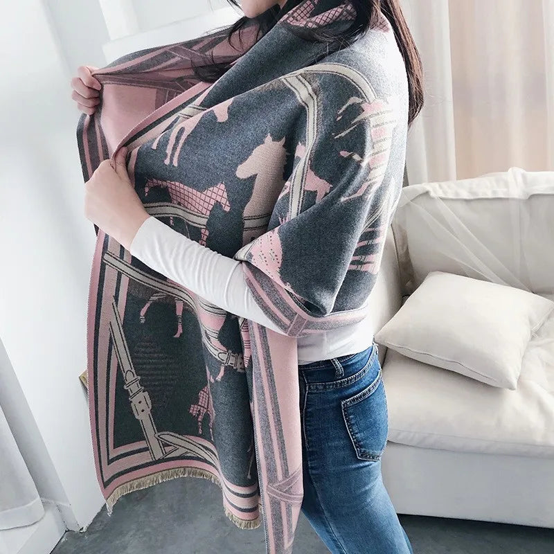 Extra-Large Cashmere Scarf, Equestrian-Print Blanket Wrap, Pashmina