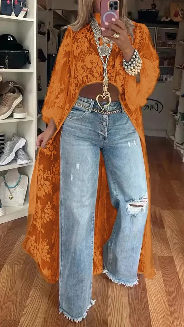 Vireous Lace Floral Extra-Long Shirt Top, High Neck Overwear