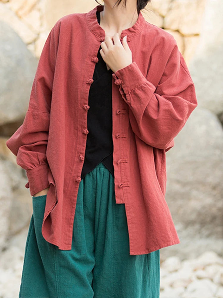 Fashion Cotton Linen Women's Stand Collar Jacket, Multi Colours