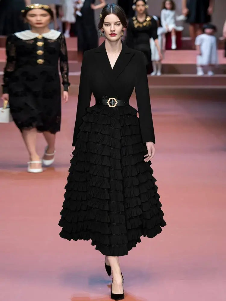 Vireous Black Suit-Collar Tiered Maxi Dress, Winter Catwalk Collection