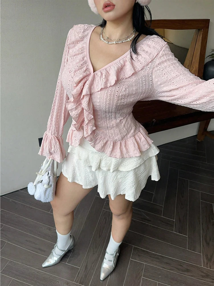 Vireous Elegant French Ruffle Flared-Sleeve Blouse, Plus Sizes