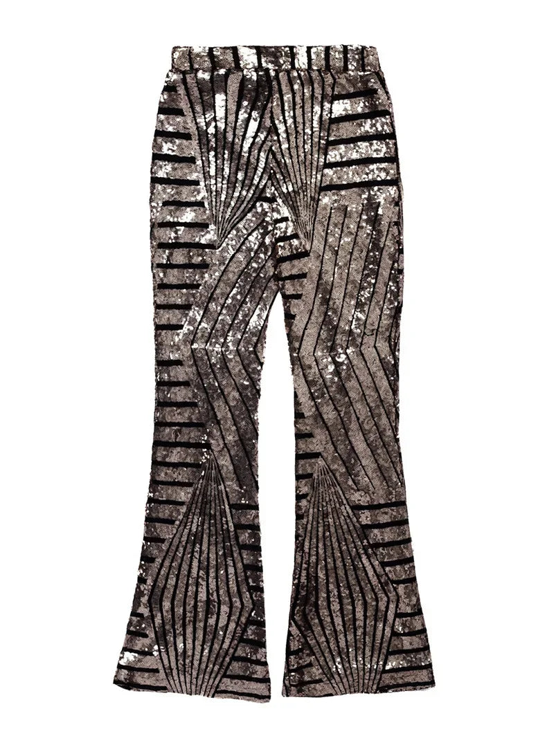 Vireous Women's Sparkling Sequin Slacks, Loose Mid-Waist Trousers
