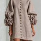Vireous Women's Linen Mini Dress with Flower Buttons
