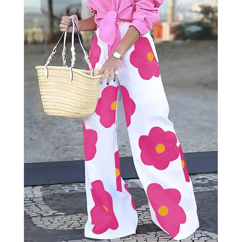 Vireous Loose Wide-Leg Contrast Colour Floral-Printed Casual Pants