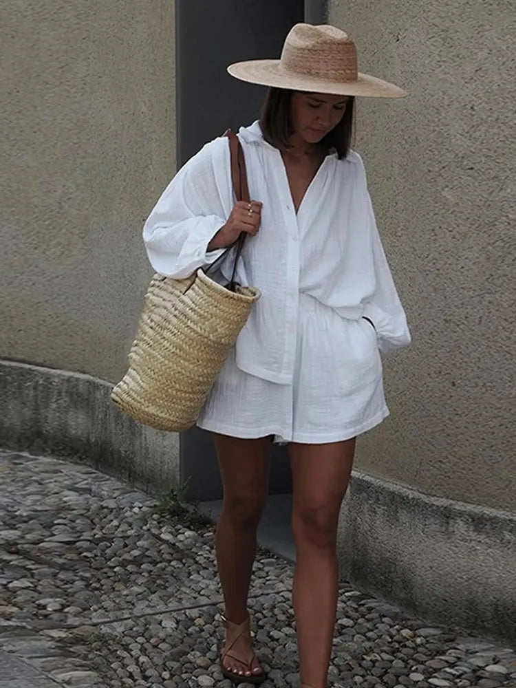 Cotton Linen Women's Two-Piece Summer Shorts Set, Plus Sizes