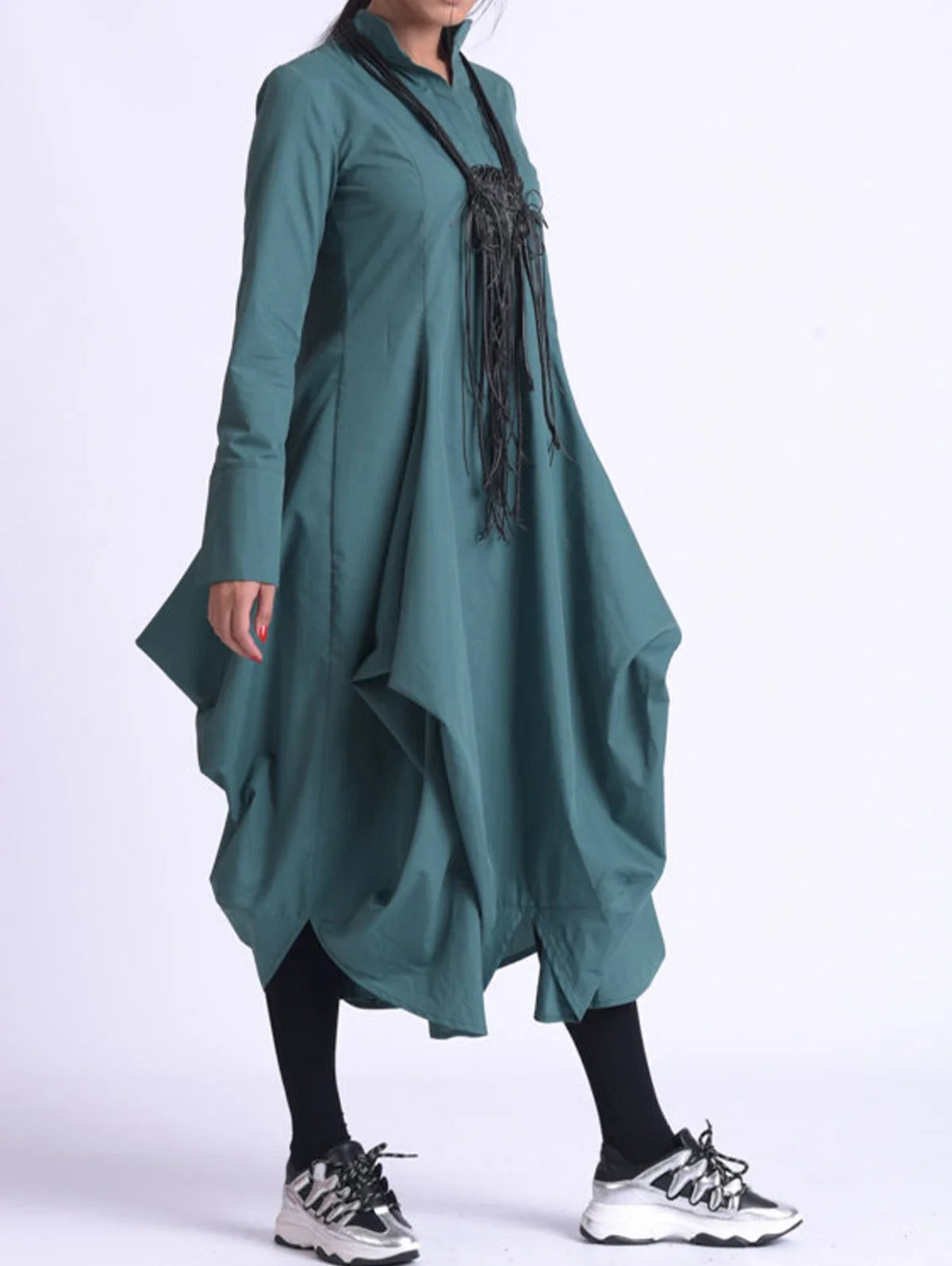 Minimalist Black Stand Collar A-Line Midi Dress