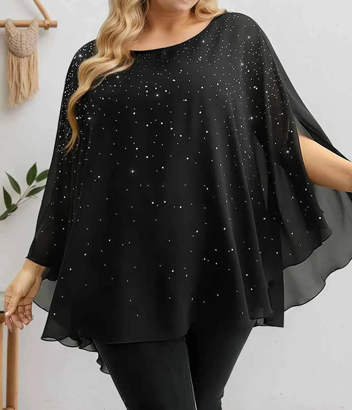 Women's Lightweight Sparkling Split-Sleeve Over-Size Blouse, Plus Sizes