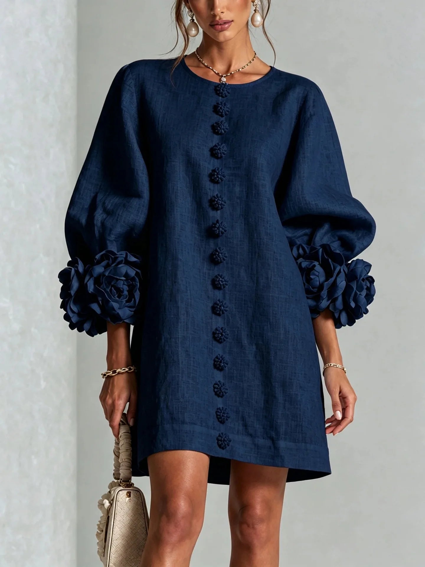 Vireous Women's Linen Mini Dress with Flower Buttons