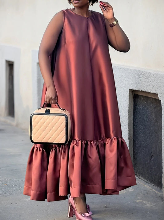 Plus-Size Ruffle Hem Elegant Summer Midi Dress in Dusky Pink