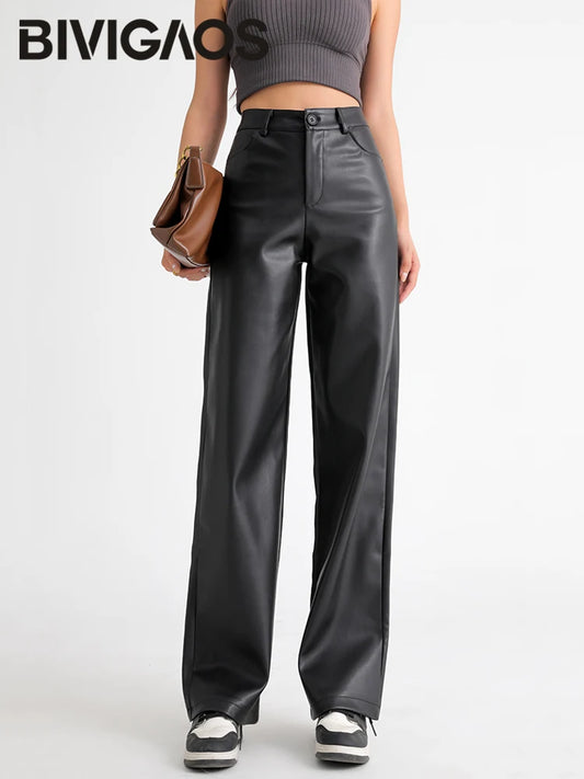 Women's Faux Leather Loose Wide-Leg Warm Lined Trousers