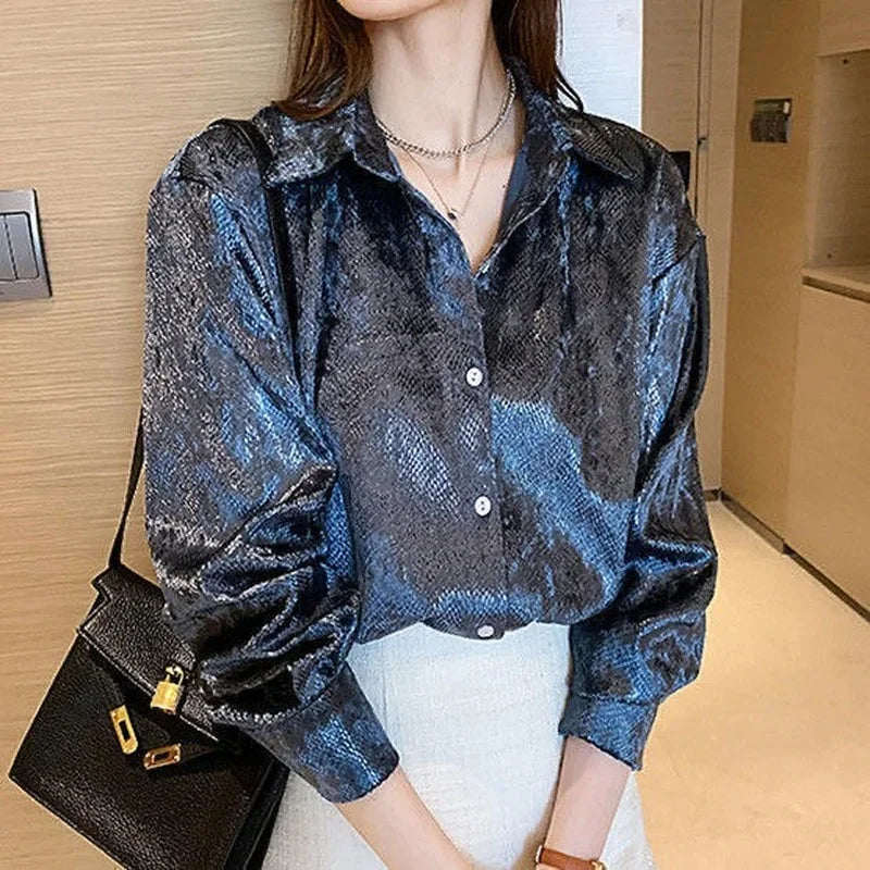 Vireous Women's Shiny Stretch Shirt, Spring and Autumn Collection