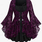 Gothic Bell Sleeves Organza Mesh Lace-Up Blouse, Plus Sizes