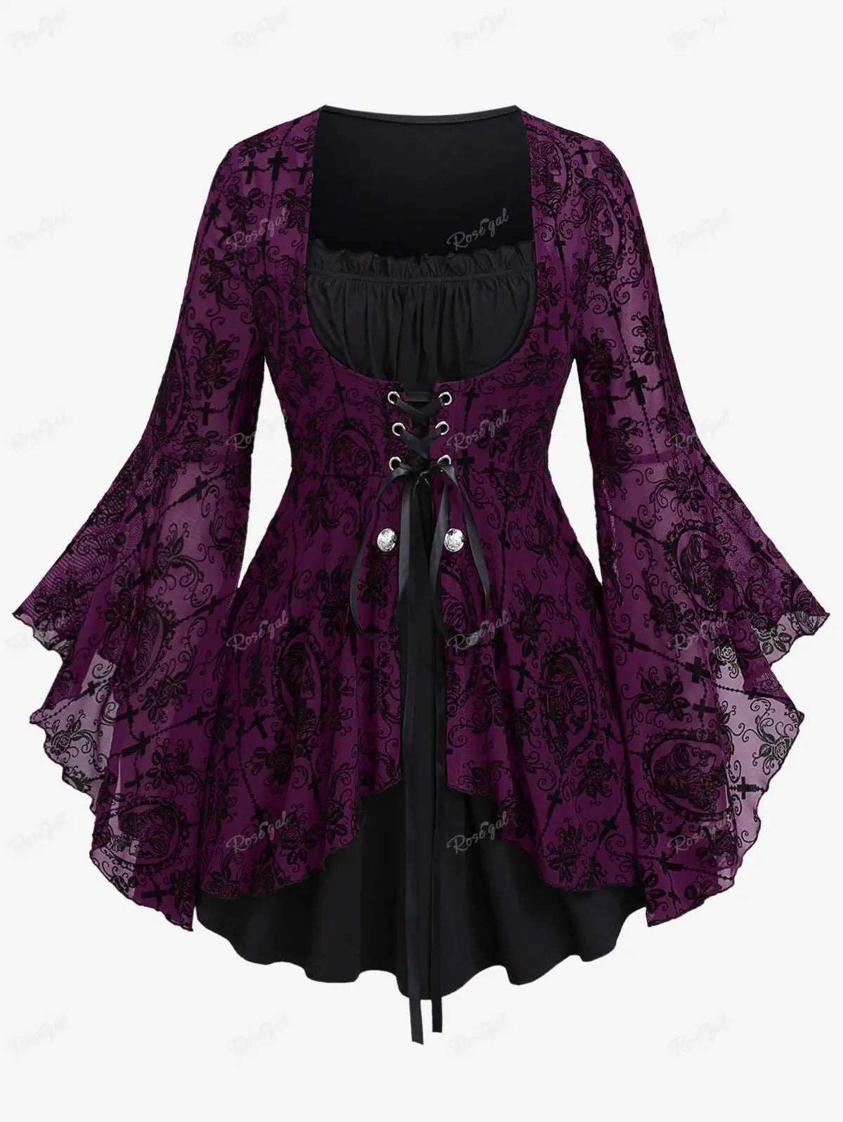 Gothic Bell Sleeves Organza Mesh Lace-Up Blouse, Plus Sizes