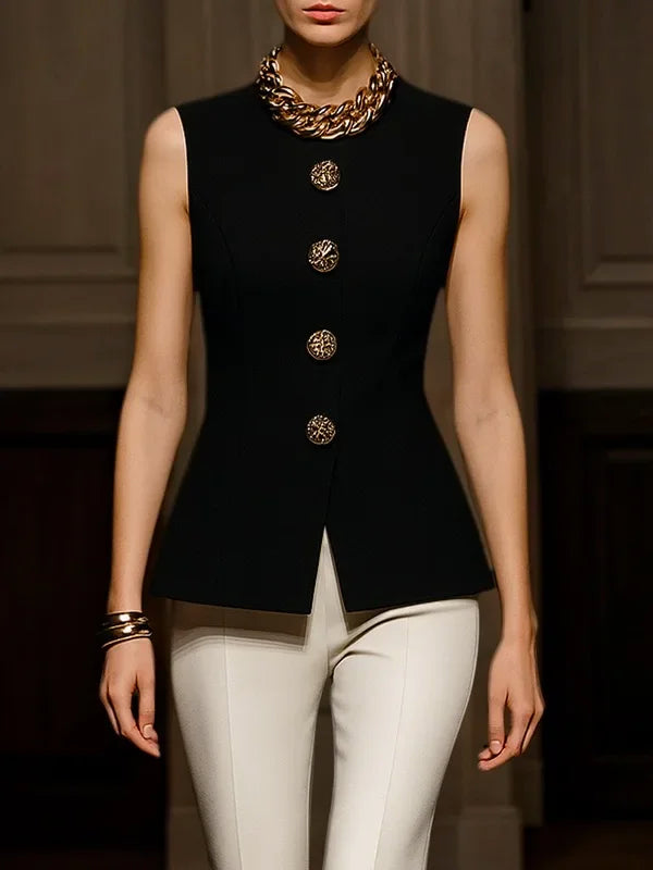 Women's Black Elegant Summer Sleeveless Tailored Tunic Top