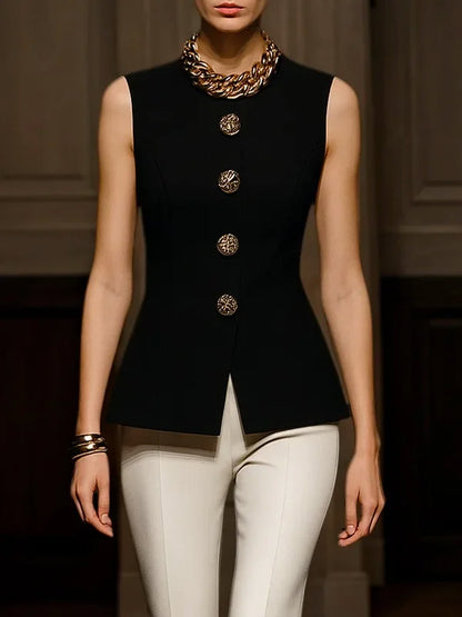 Women's Black Elegant Summer Sleeveless Tailored Tunic Top